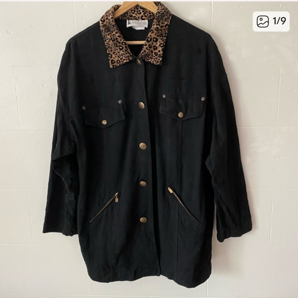 Black Utility Jacket with Leopard-Print Collar